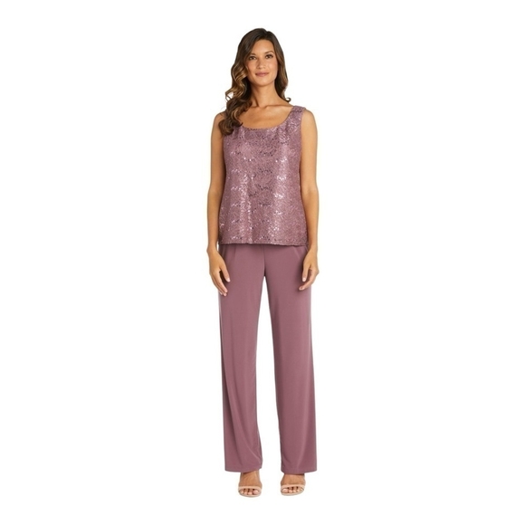 3-Pcs Pants Suit R&M Richards Donna Metallic Lace Tank Top Pants Lace Jacket Set - Picture 4 of 11